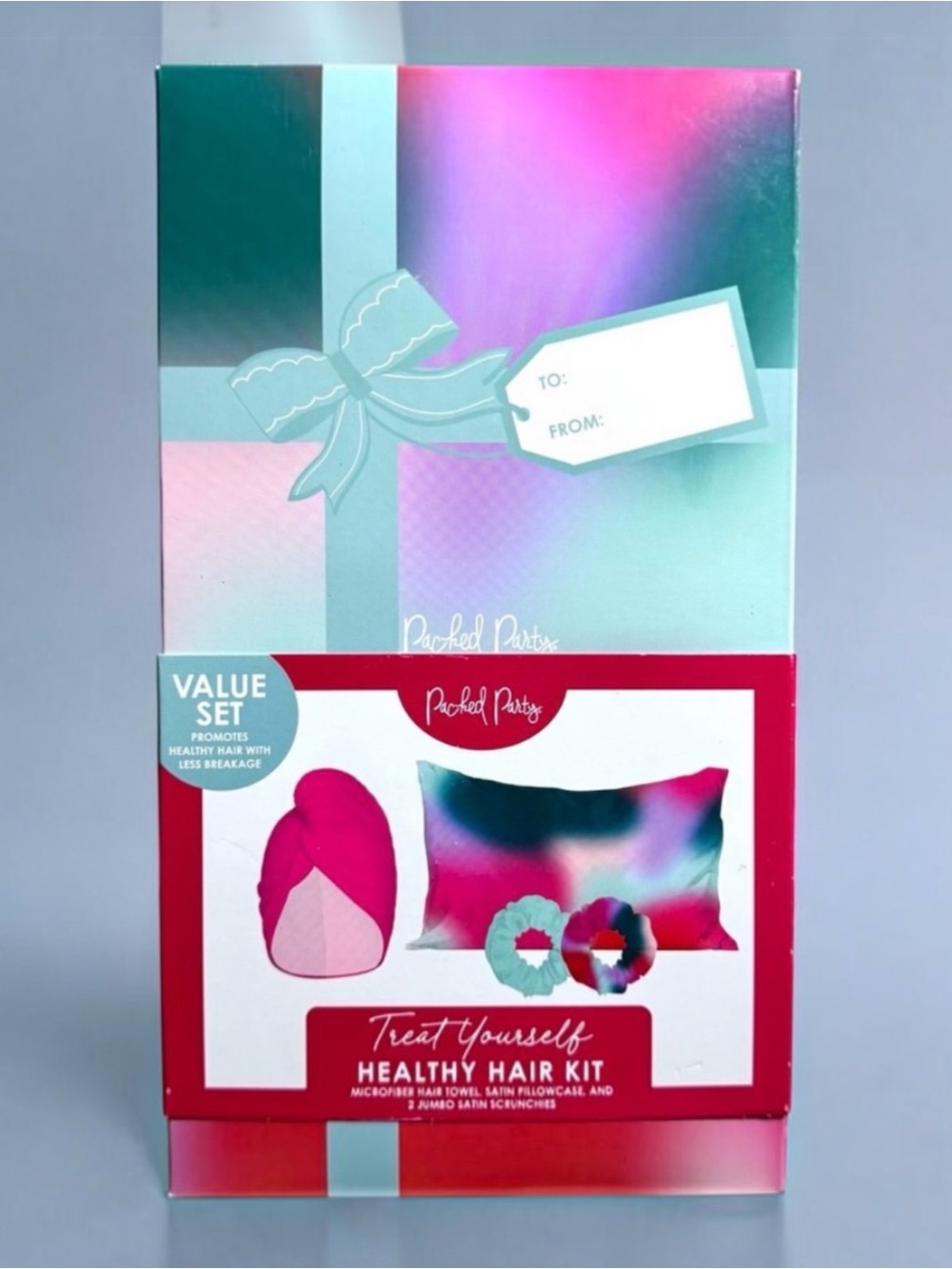 Packed Party Healthy Hair Gift Set-Hair Towel, Satin Pillowcase & Scrunchies NIB